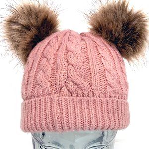 FAS Jeans Girls Winter Fitted Knit Beanie Hat with Faux Fur Pom-Pom Ears